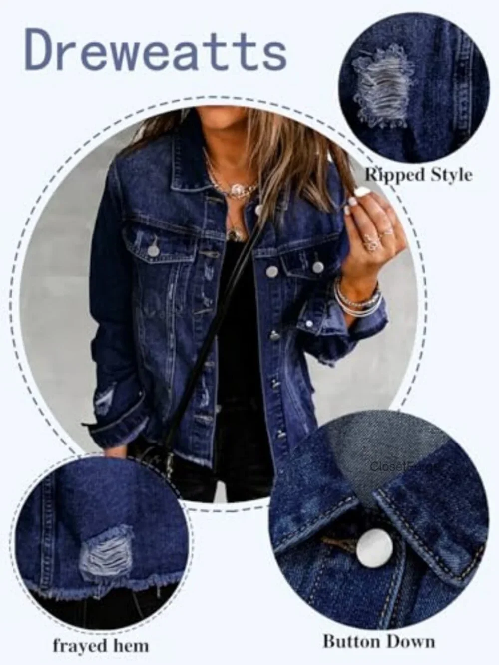 Distressed Oversized Denim Jacket Long Sleeve Button Down
